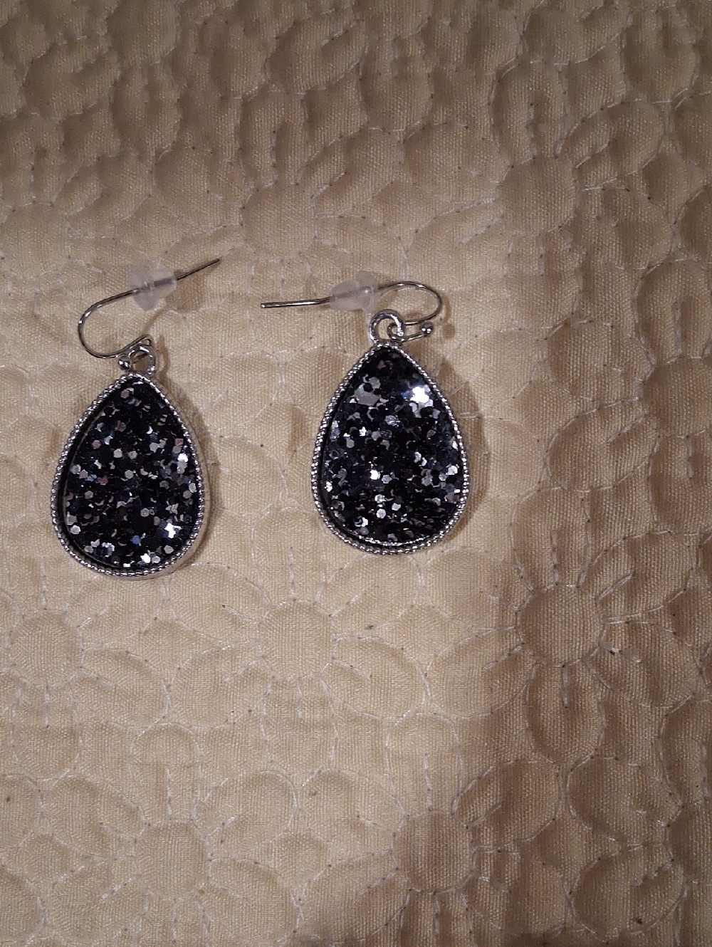 Francesca's Collections Silver Teardrop Glitter Dangle Earrings - Black